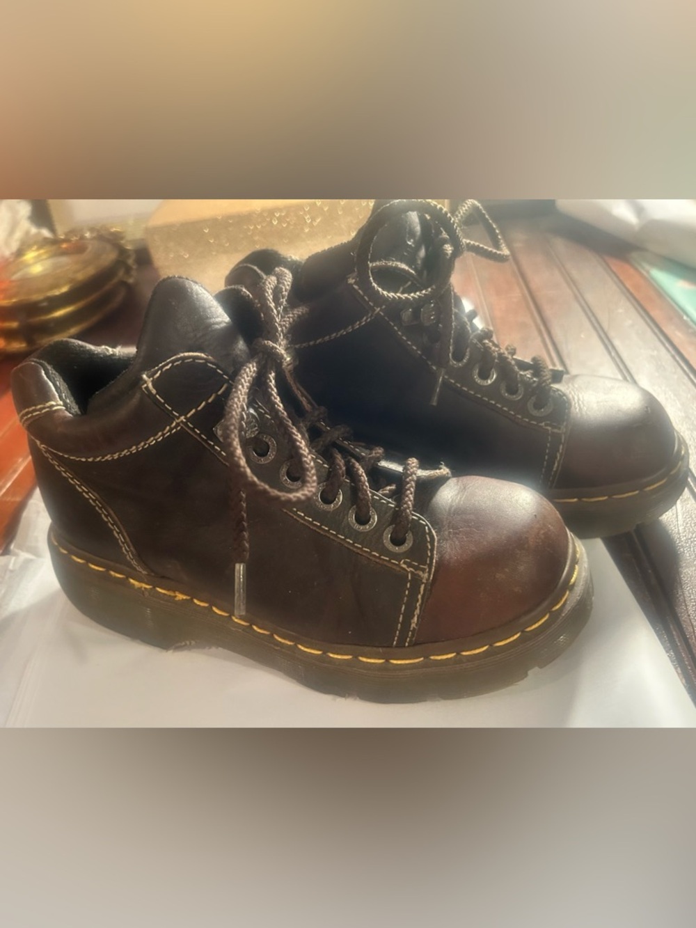 Dr. Martens Dark Brown Leather Lace-Up Ankle Boots with Yellow Stitching